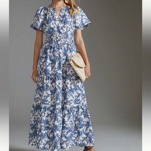 Anthropologie Maeve Somerset Maxi Dress Blue White Floral XL